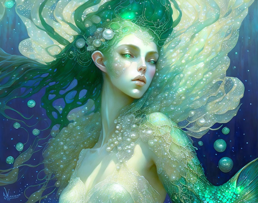 Glowing mermaid-like creature with pearls and bubbles in underwater scene