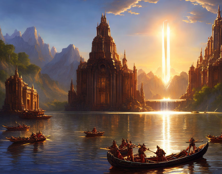 Sunlit castle by lake, mountains & rowing boats in fantasy scene