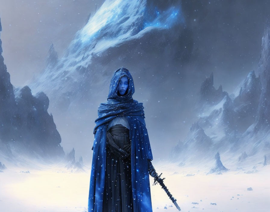 Cloaked Figure in Blue Robe on Snowy Landscape with Streaking Comet
