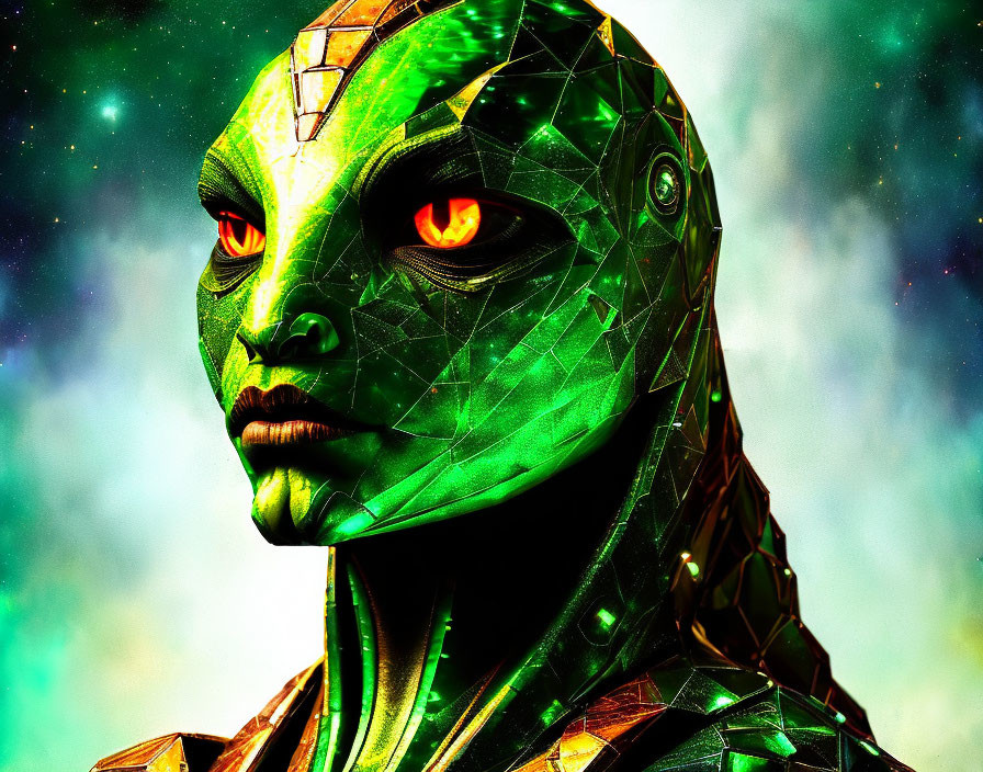 Close-up of person with green reptilian skin, red eyes, and mechanical features