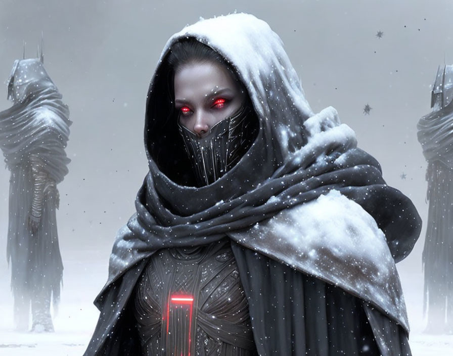 Mysterious cloaked figure with glowing red eyes in snowy landscape