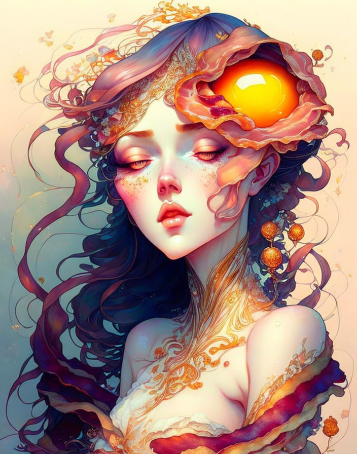 Surreal portrait of woman with vibrant egg yolk eye and golden floral patterns