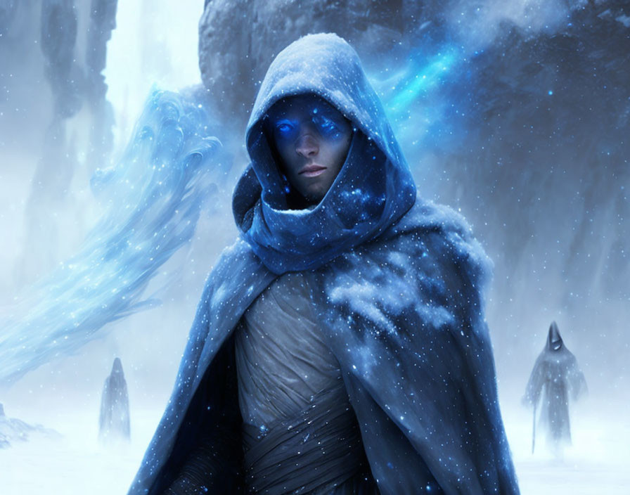 Cloaked Figure with Blue Ethereal Glow in Snowy Landscape