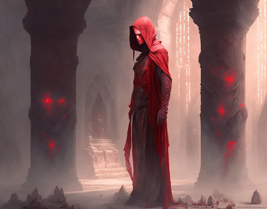 Mysterious Figure in Red Cloak in Gothic Cathedral