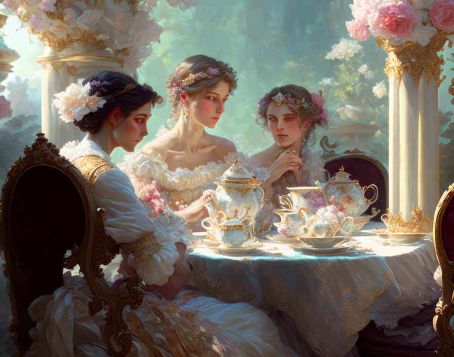 Vintage-themed Tea Party with Elegant Women in Pastel Setting