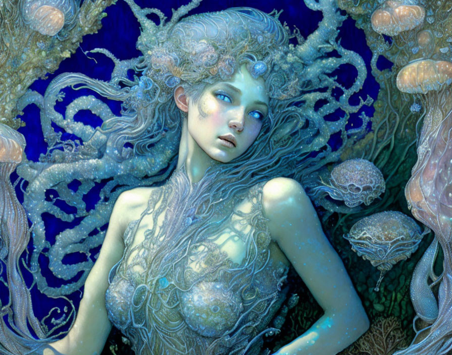 Ethereal female being with jellyfish-like tendrils in deep-sea setting