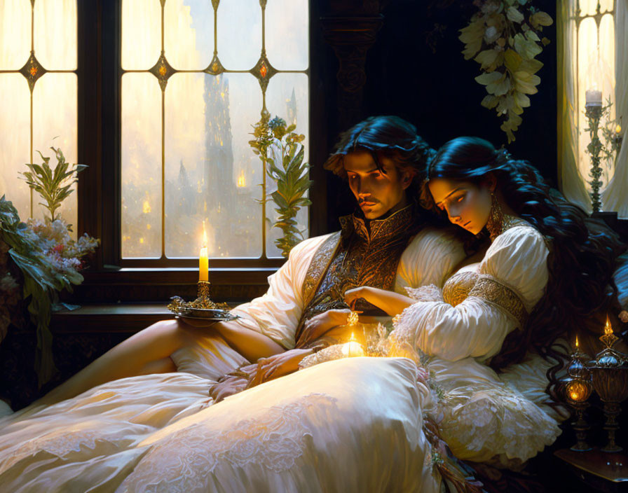 Historically dressed couple resting by candlelit window