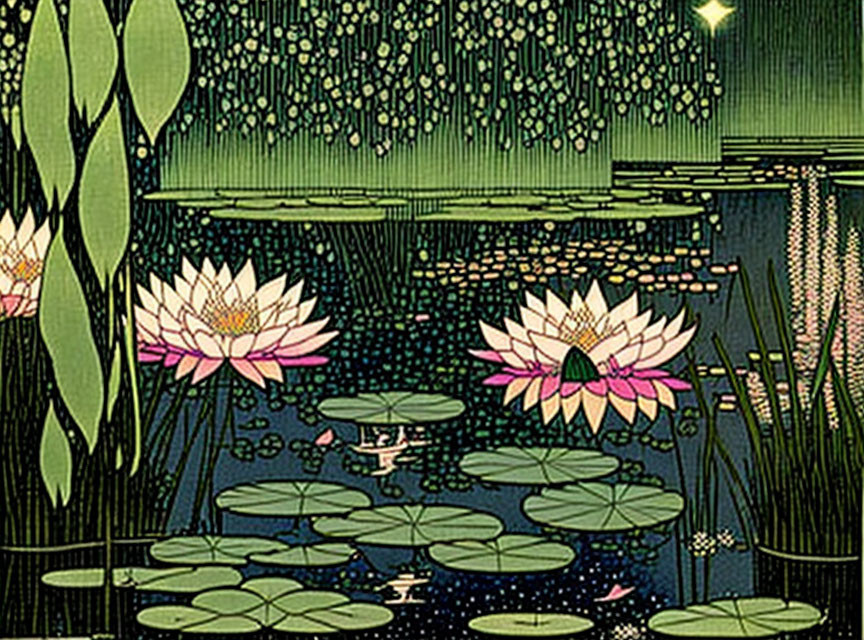 Art Nouveau-style pond with lotus flowers and lily pads in serene illustration