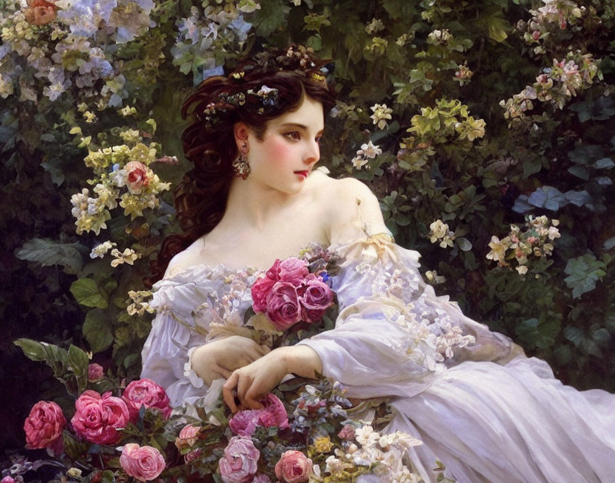 Portrait of Woman with Dark Hair and Blossoms in White Dress Among Roses