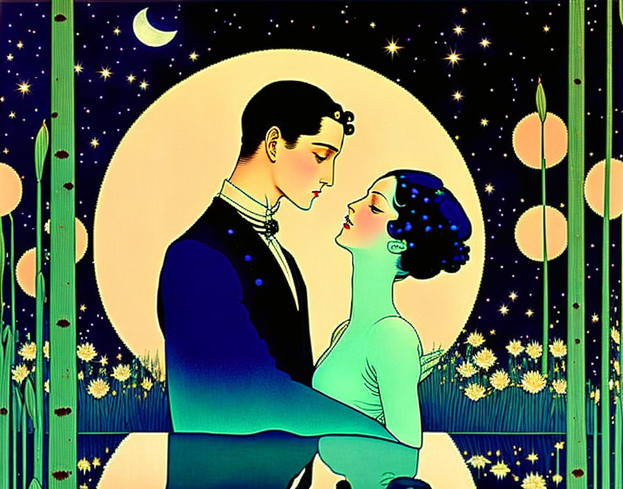 Art Deco Style Romantic Couple Embracing Under Starry Sky
