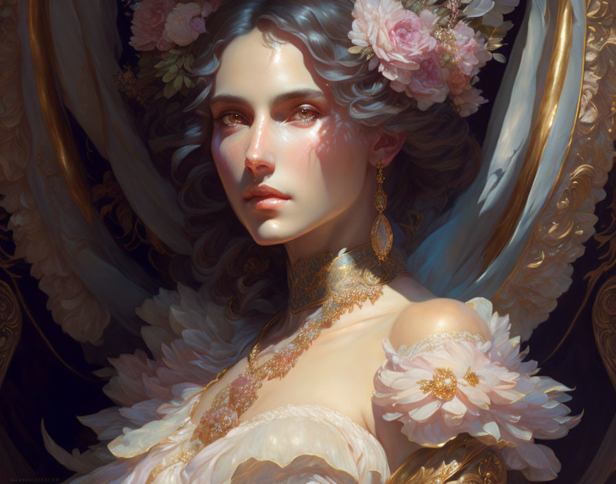 Ethereal portrait of a woman with floral adornments and golden jewelry