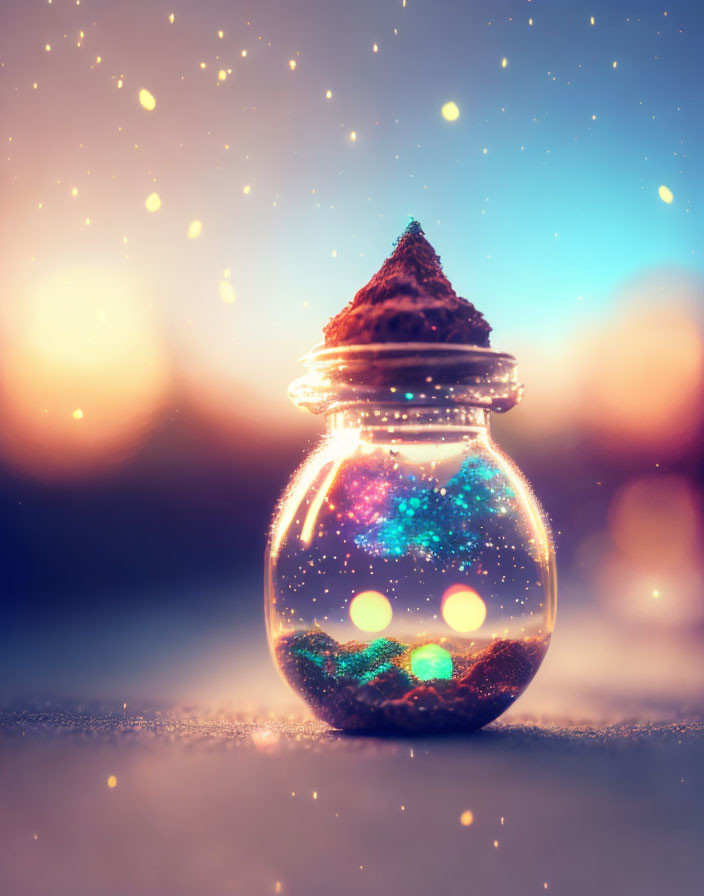 Glass jar with sparkling particles and starry substance on bokeh background