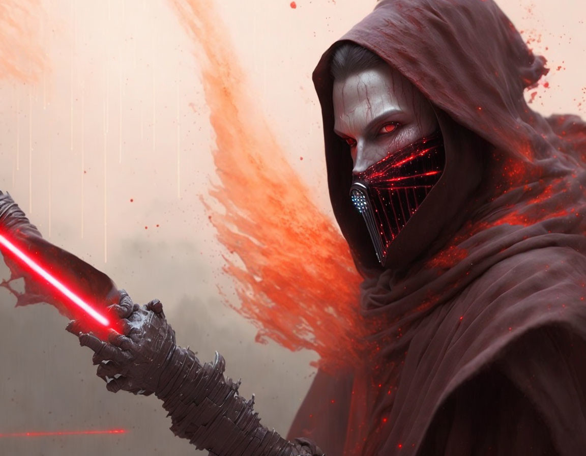 Mysterious Figure in Red Cloak with Glowing Mask and Weapon in Red Mist