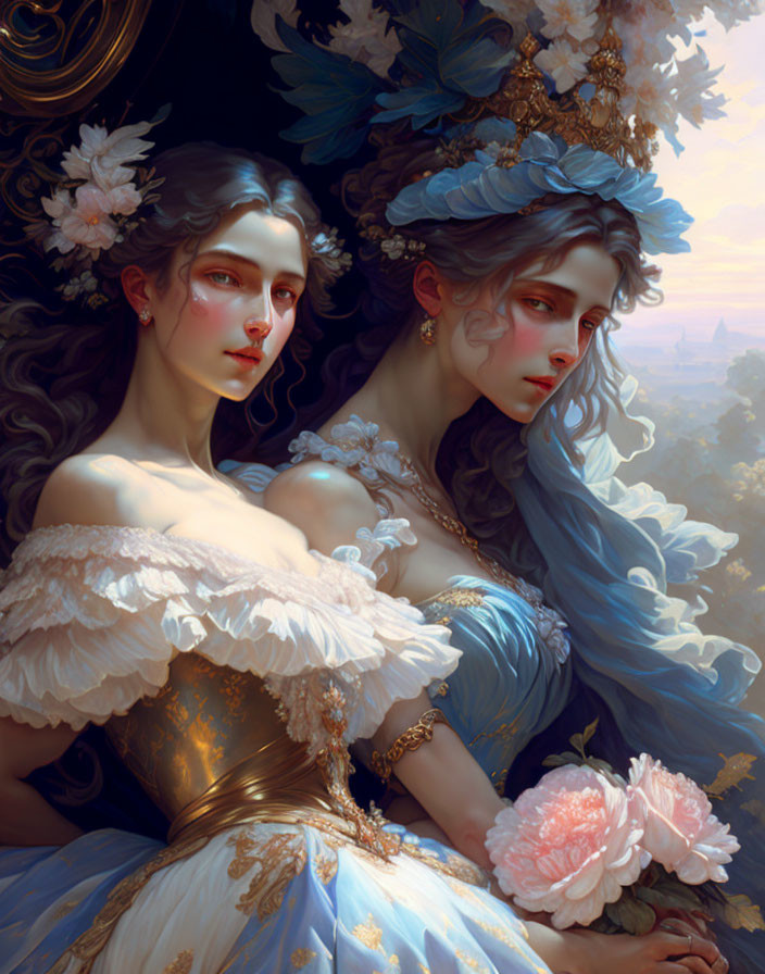 Two women in ornate blue dresses with floral details, depicted in a romantic painterly style