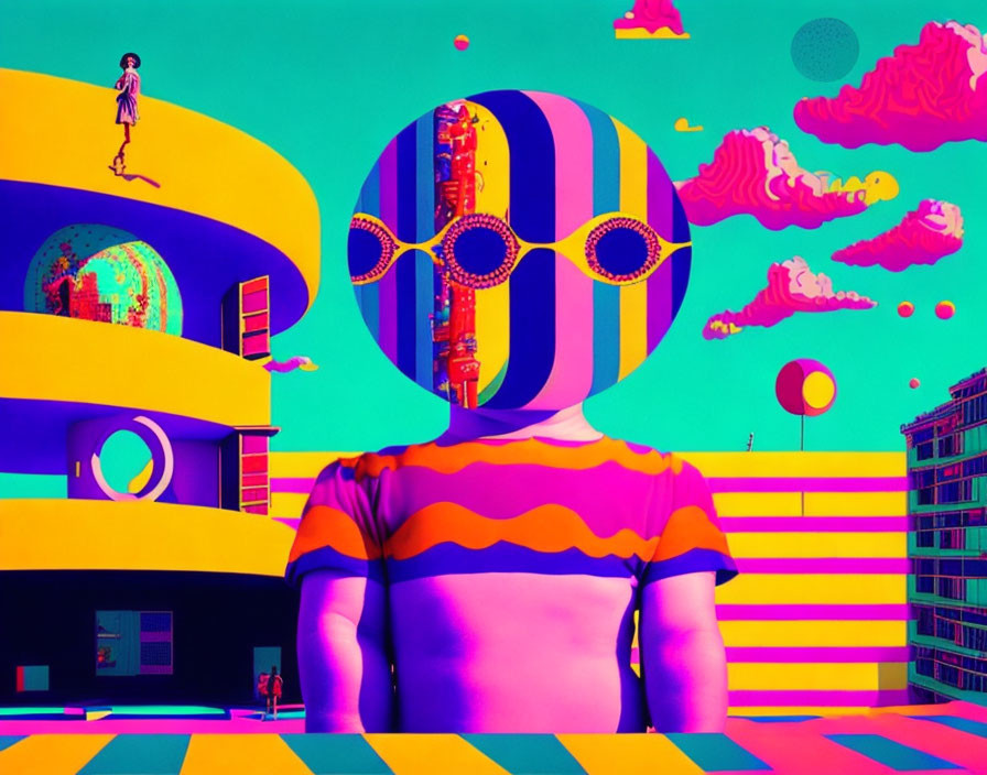 Colorful surreal artwork: person with patterned head in vibrant cityscape