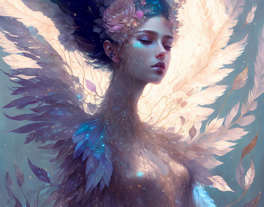Ethereal woman with feathers and floral adornments exudes mythical aura