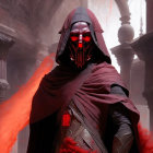 Mysterious cloaked figure with red mask in ruins and ominous atmosphere