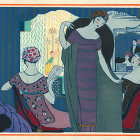 Sophisticated 1920s gathering illustration with elegant attire and empty glasses