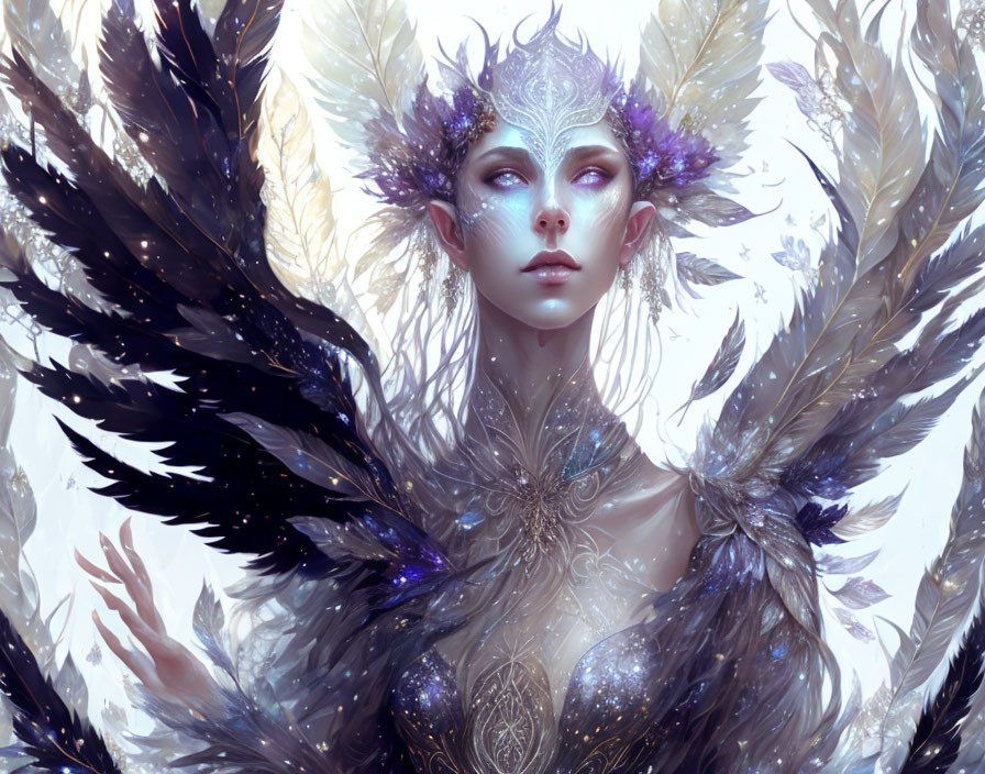 Ethereal figure in feathered headdress and cloak, mystical aura in whites and blues