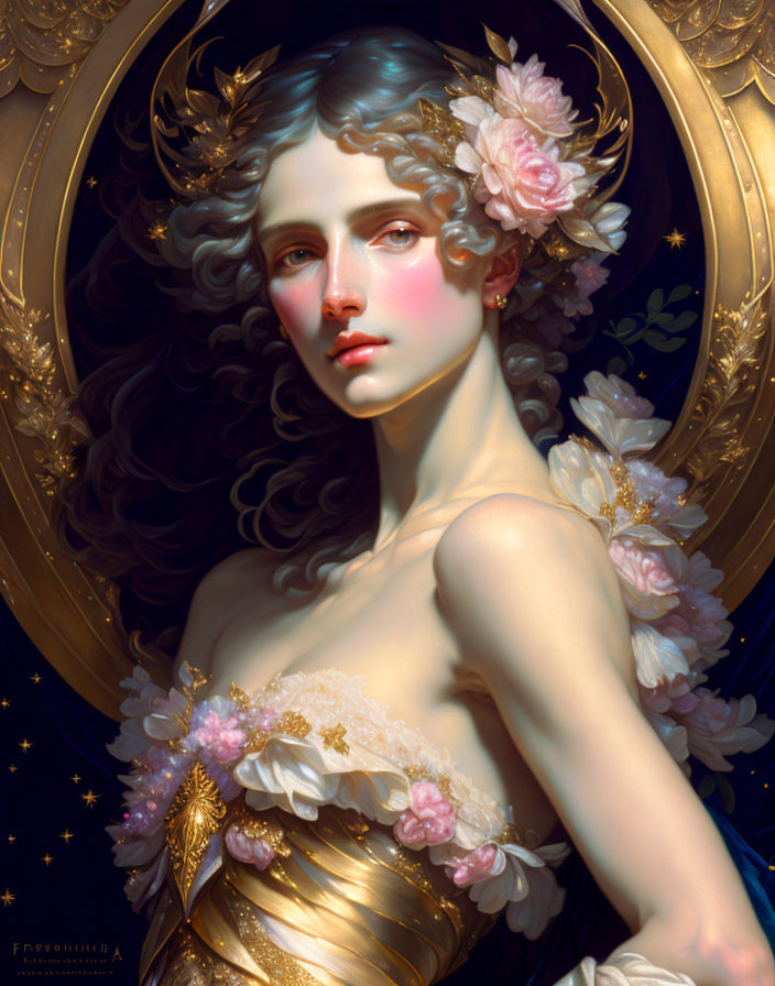 Woman with curly hair and golden headpiece in digital painting.