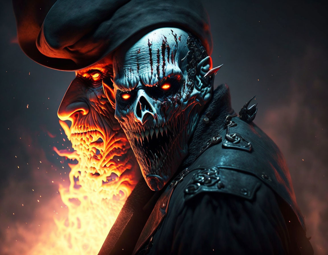 Sinister skeletal pirate emerges from flames with glowing red eyes