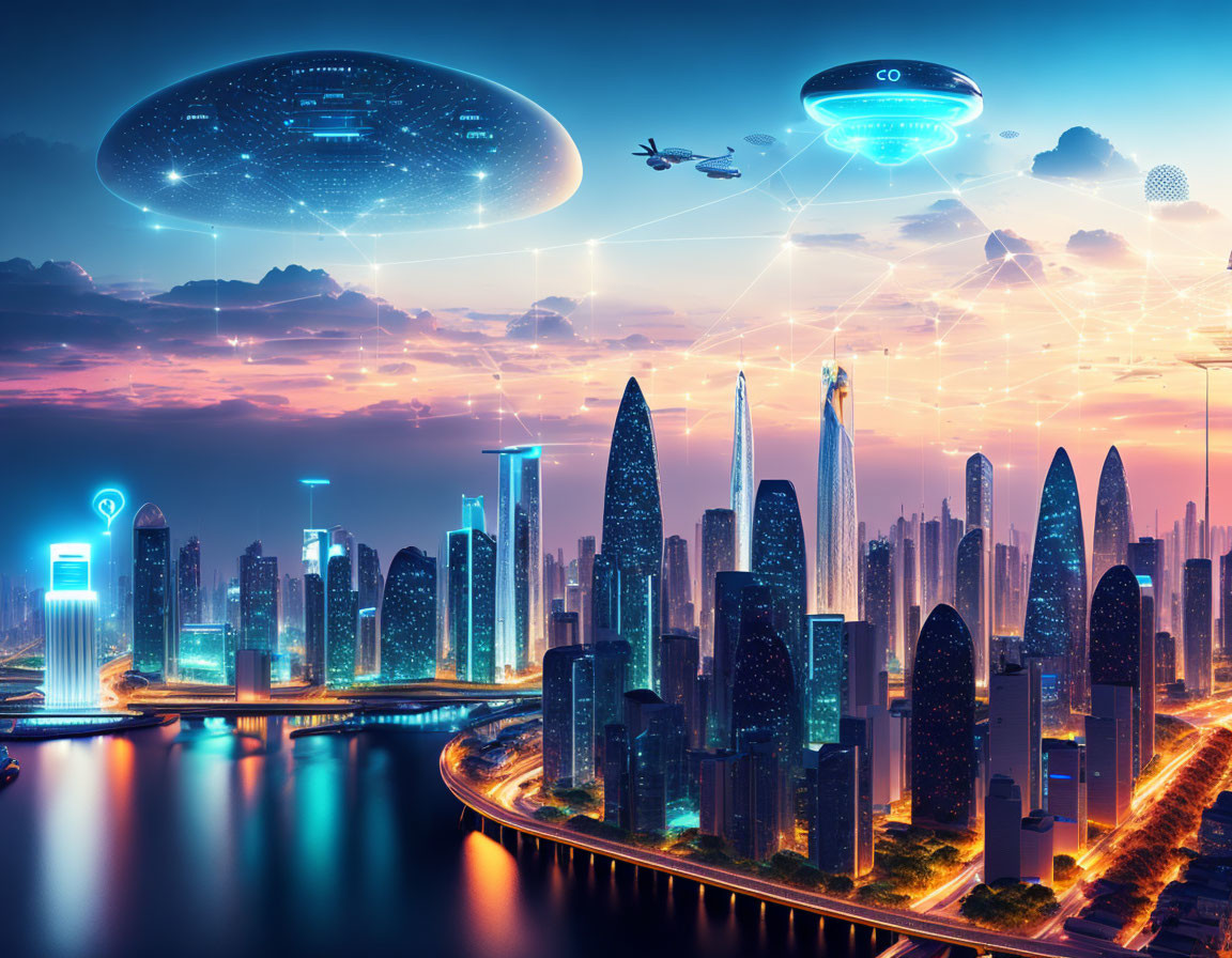 Futuristic twilight cityscape with neon lights and flying vehicles