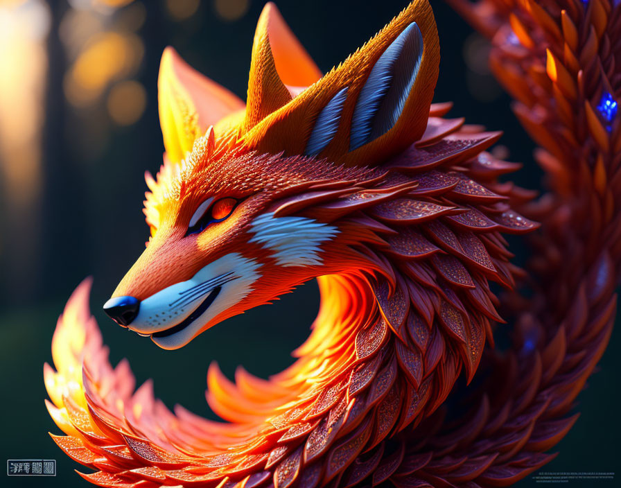 Vibrant 3D rendering: stylized fox with orange fur and intricate patterns