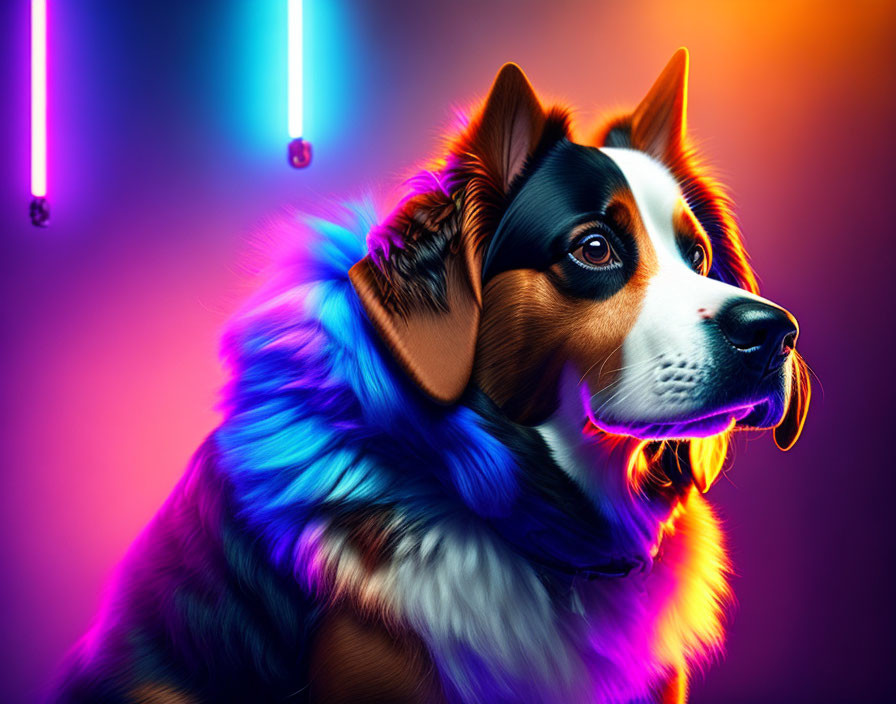Colorful lighting highlights dog in portrait against dark background
