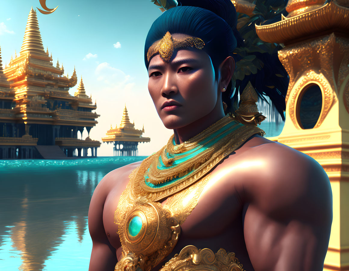 Blue-Skinned Muscular Man in Traditional Attire by Ornate Temple