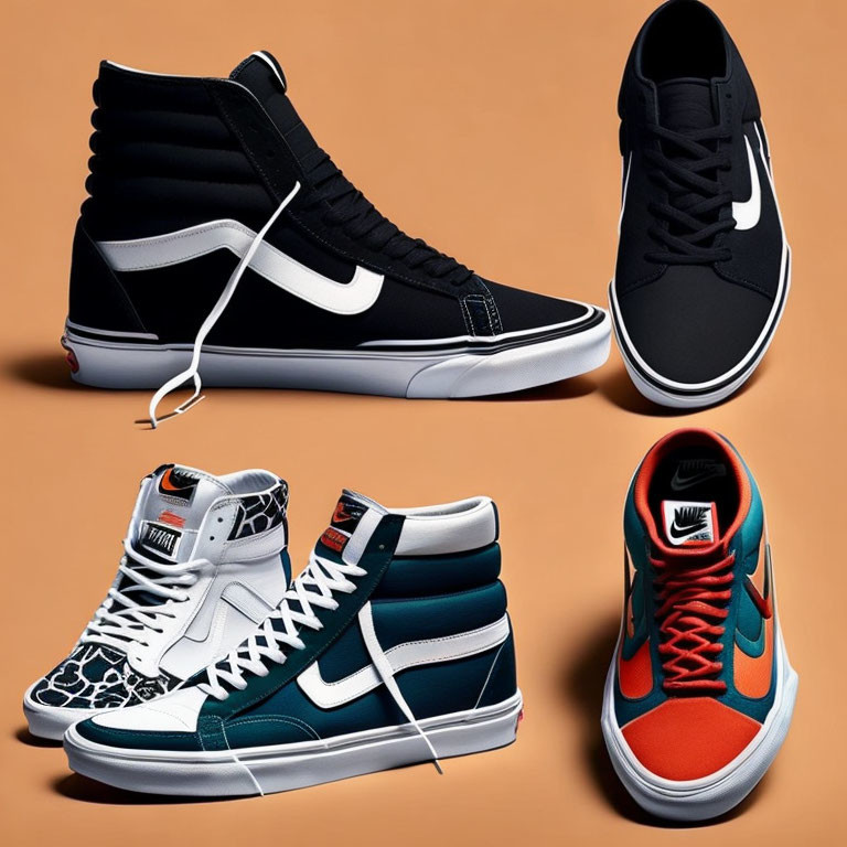 Stylish Nike high-top and low-top sneakers in black, white, red, and blue on