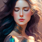 Multicolored hair woman with intricate tattoos in serene light