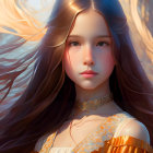 Young girl digital painting: flowing hair, golden jewelry, rose tattoo.