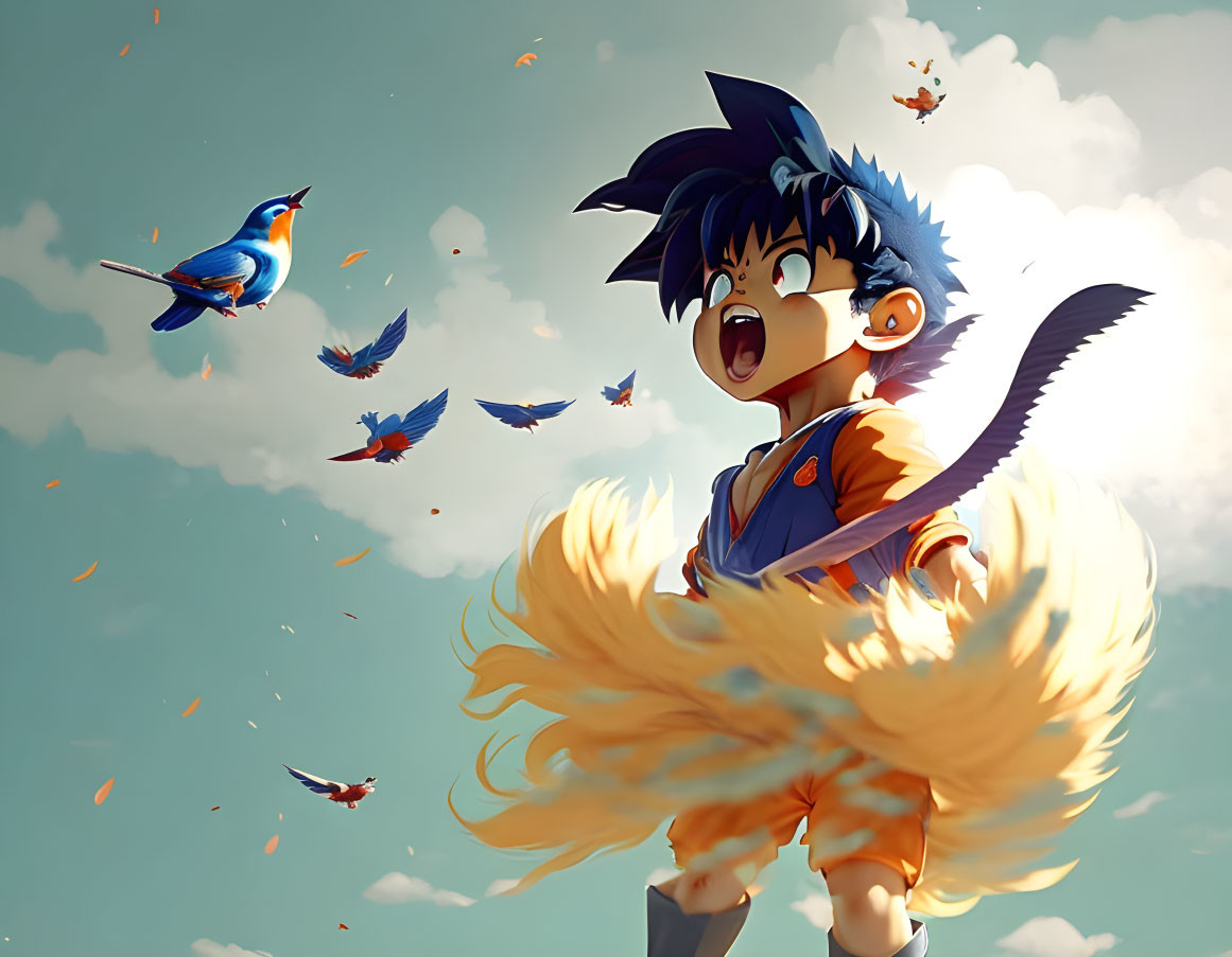 Spiky-Haired Animated Character in Orange and Blue Outfit Surprised by Flying Birds