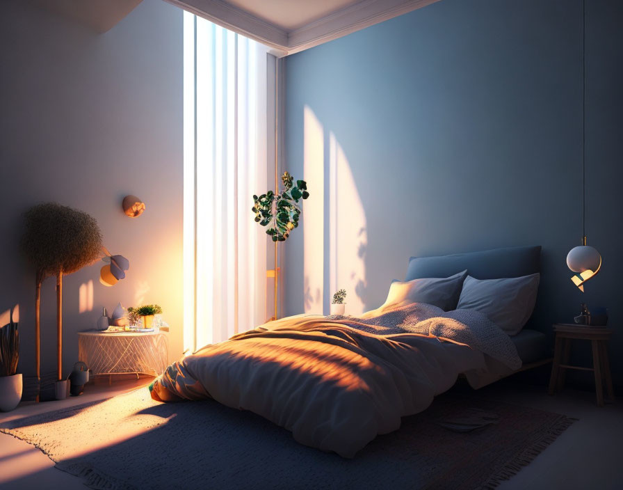 Warm Sunlit Bedroom with Bed, Side Tables & Plants