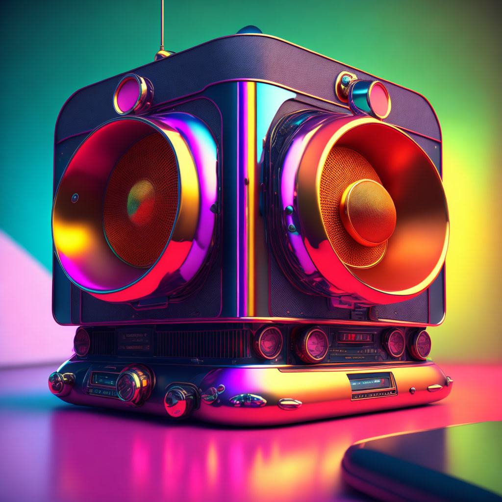 Colorful Retro Boombox with Neon Colors and Cassette Player