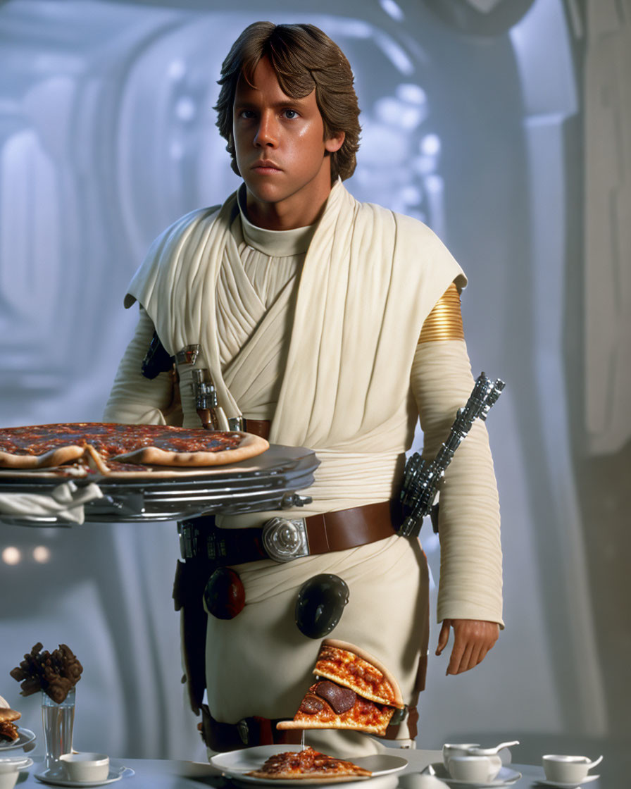 Man in white sci-fi outfit with gadgets by table of alien food