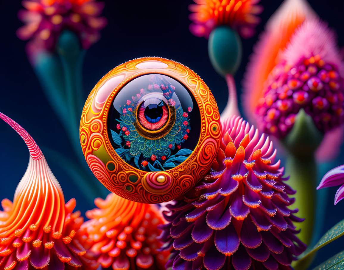 Highly Stylized Eye with Intricate Patterns in Surreal Setting