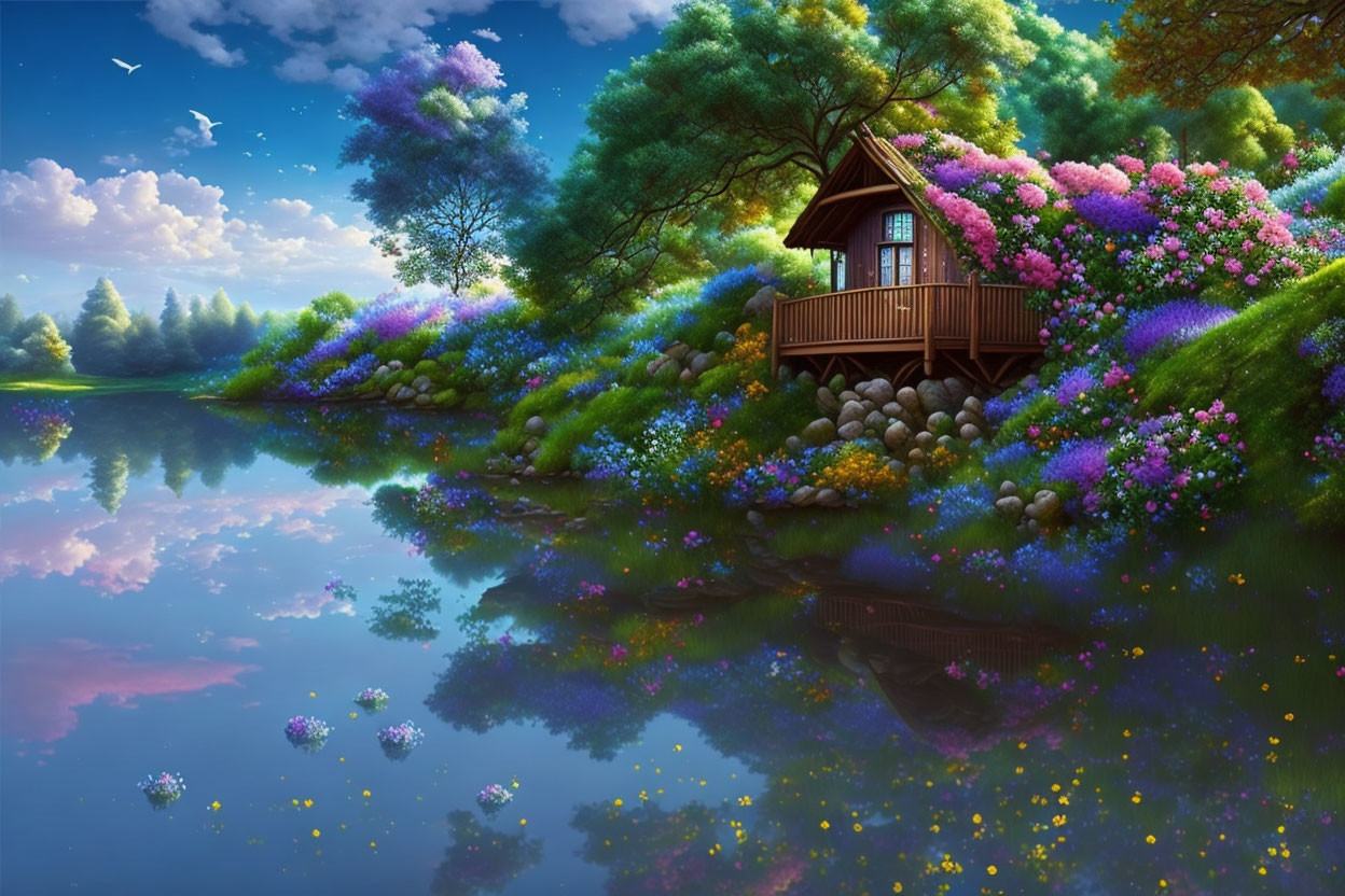 Scenic wooden cabin surrounded by blooming flowers and serene lake