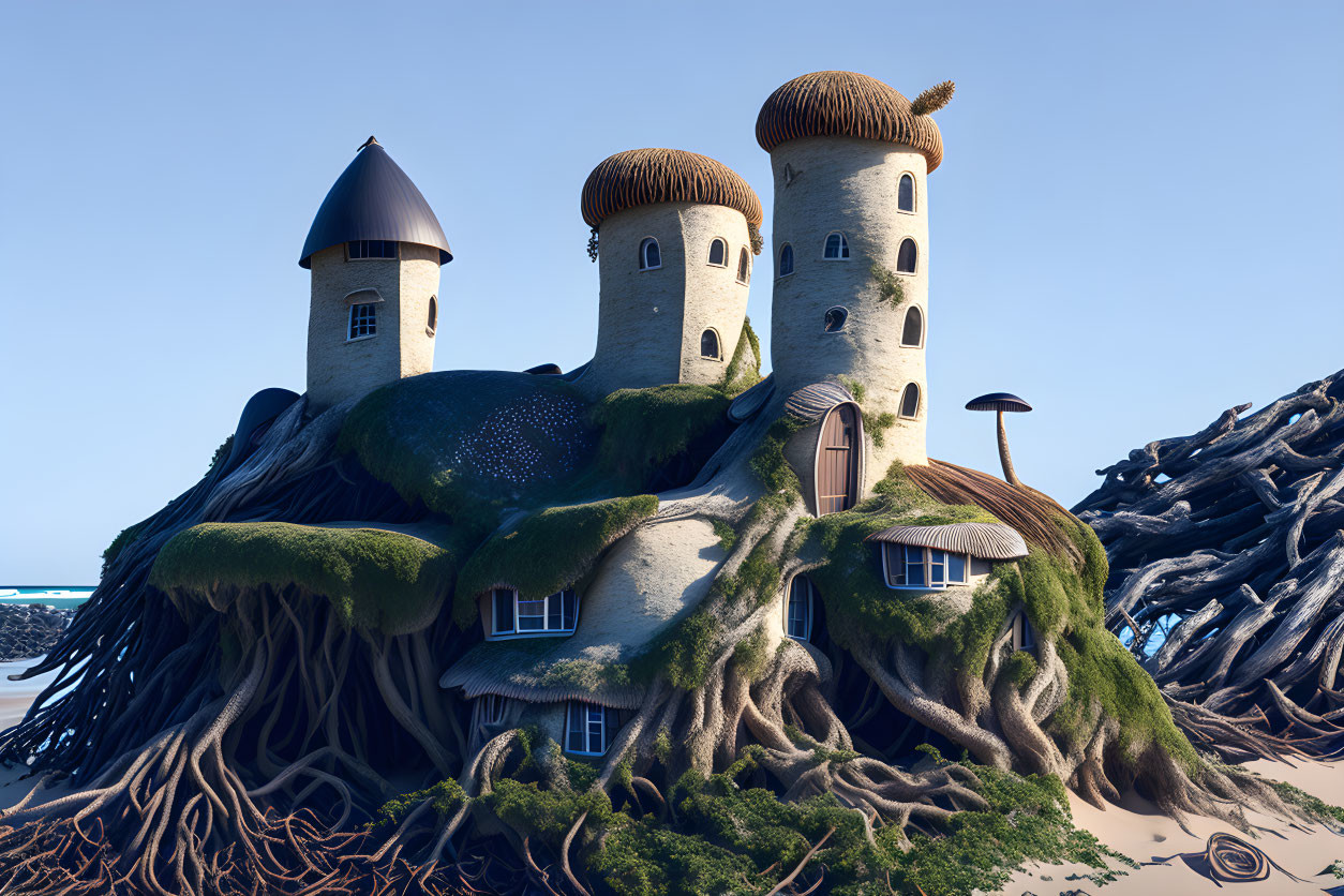 Stone castle with conical roofs on giant tree roots under blue sky