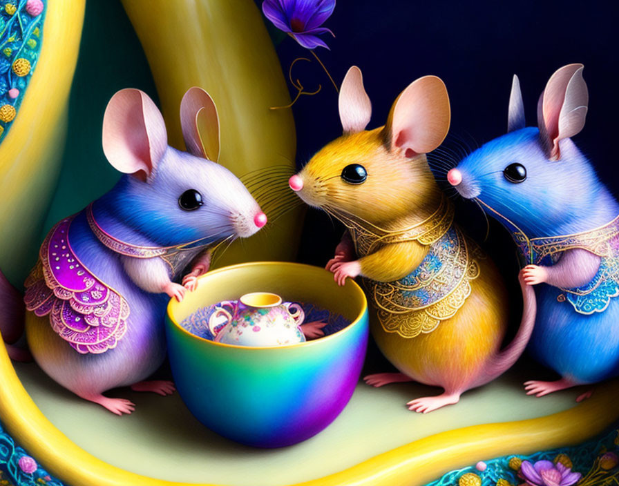 Colorful Anthropomorphic Mice Admiring Decorated Teapot in Fantastical Setting