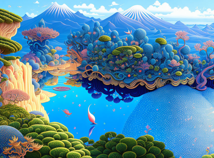 Colorful surreal landscape with whimsical vegetation, blue mountains, serene lake, and fantastical creatures