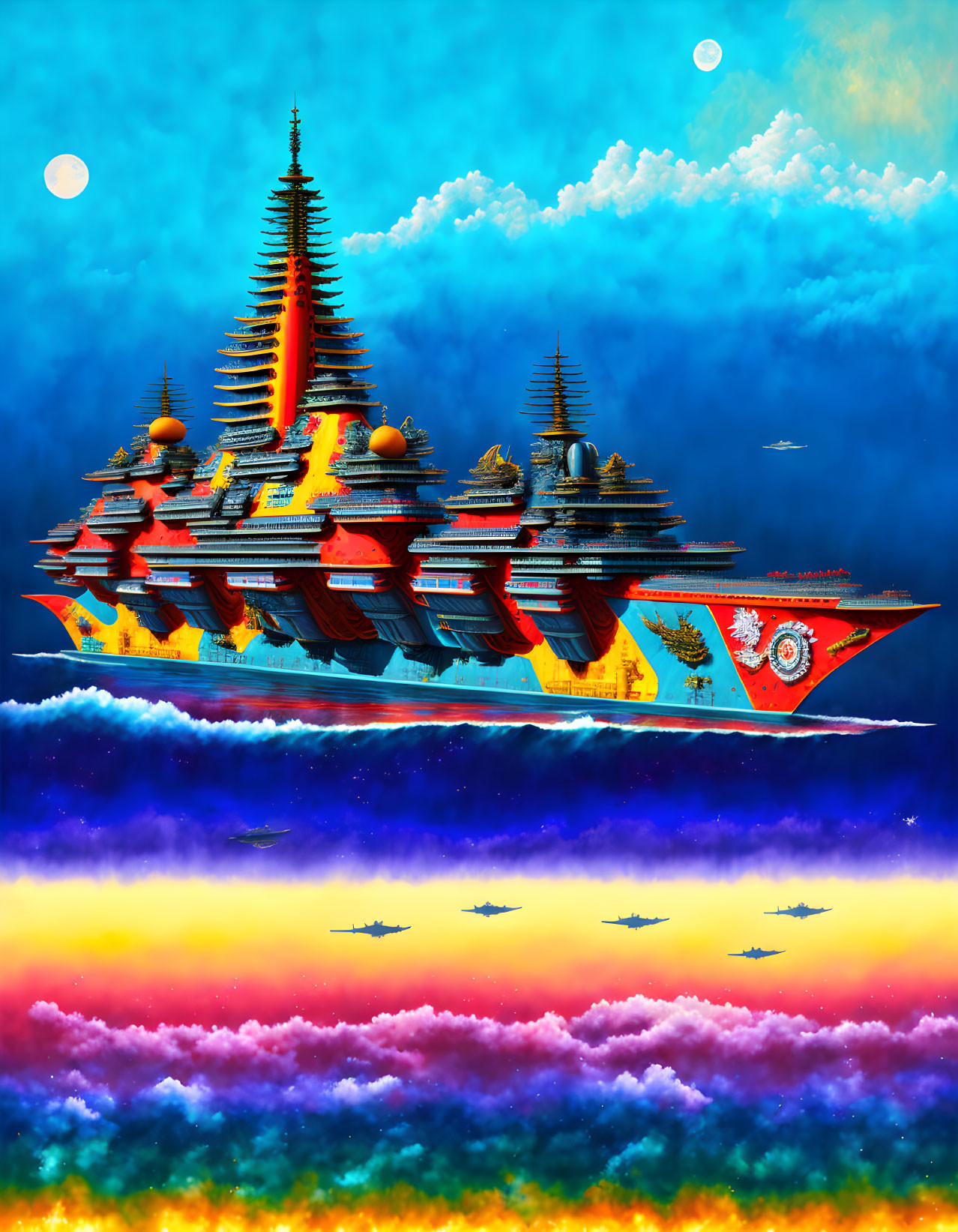 Fantastical, Multi-Layered Pagoda Structure with Floating Ship Hull