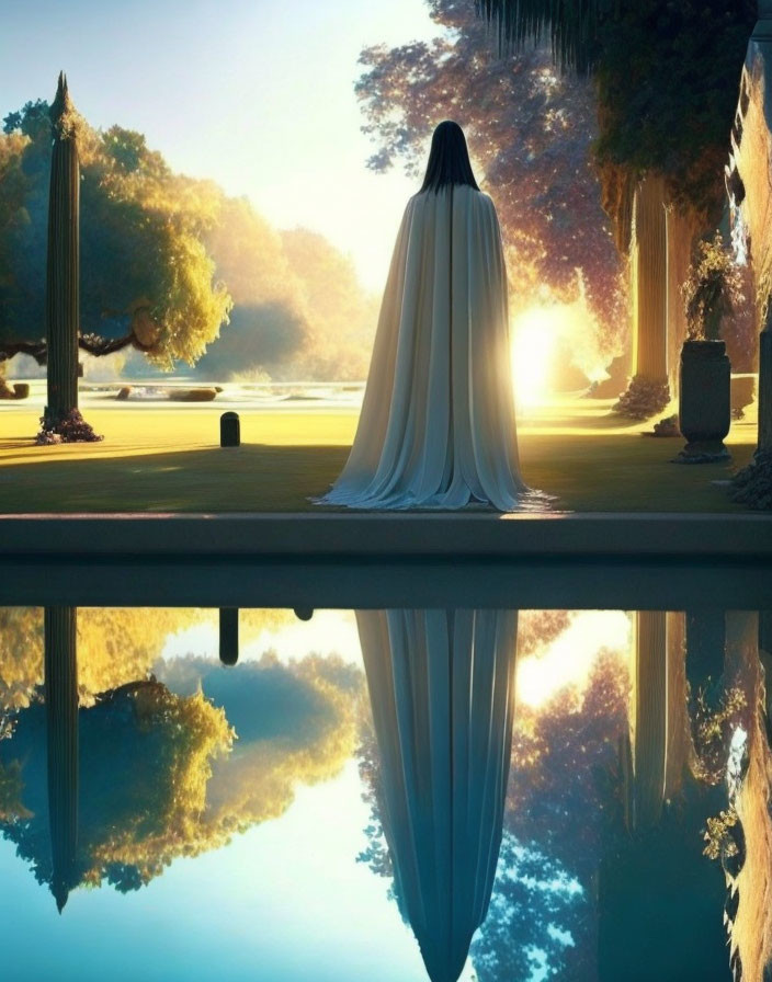 Serene pond scene with figure in white cloak at sunrise