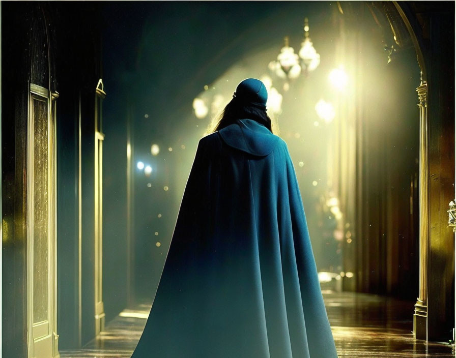 Blue-caped figure in dimly lit corridor with chandeliers