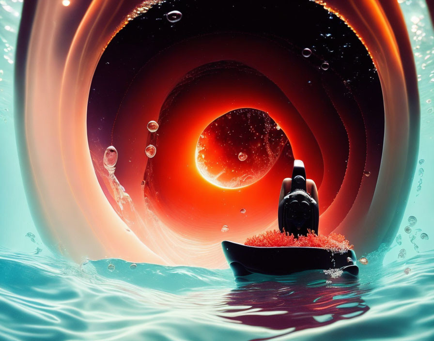 Surreal image of person in boat near swirling vortex underwater
