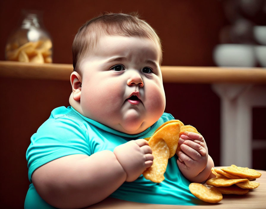 Chubby Baby with Surprised Expression Holding Potato Chip