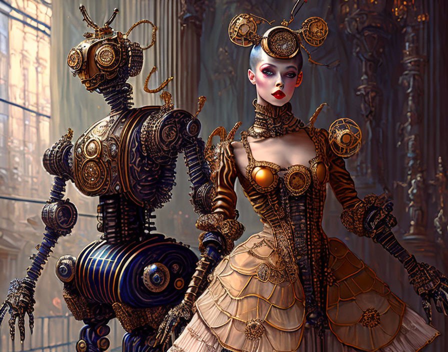 Steampunk-inspired female robot in Victorian attire with brass fittings next to bulkier robot in baroque