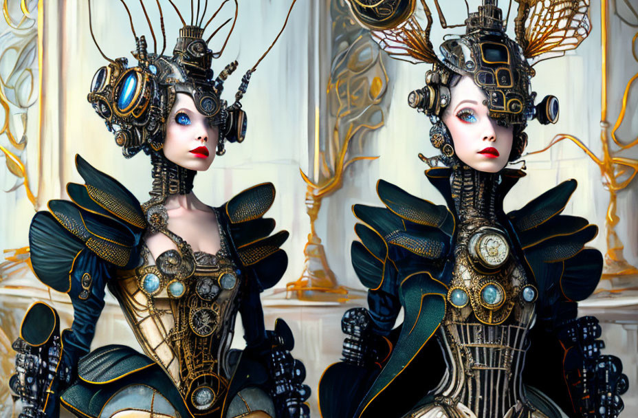 Ornate steampunk female figures with mechanical wings in baroque interior