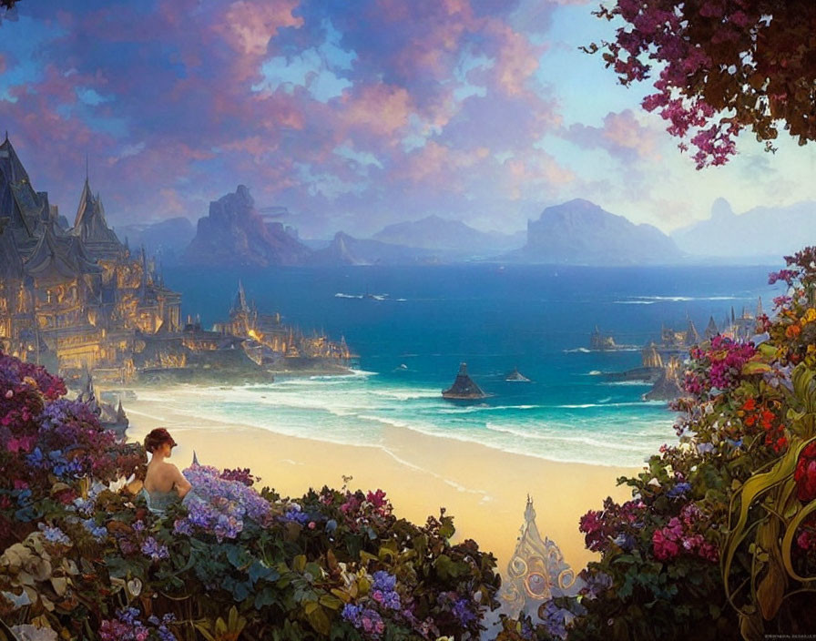 Tranquil coastal landscape with person, flowers, castles, ships, and vibrant sky