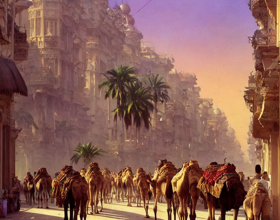 Busy Street Scene: Camels in Caravan with Ornate Buildings at Sunrise/Sunset